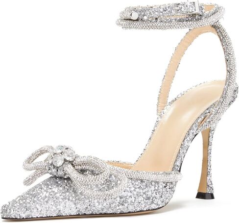 صنادل BlingQueen النسائية ذات الكعب العالي من الساتان وحجر الراين وحزام الكاحل ومزينة بالكريستال وكعب مدبب بدون ظهر فستان الزفاف والصنادل ذات الكعب العالي in Kuwait