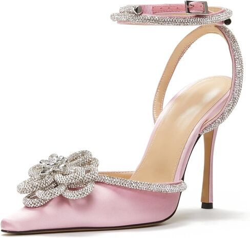صنادل BlingQueen النسائية ذات الكعب العالي من الساتان وحجر الراين وحزام الكاحل ومزينة بالكريستال وكعب مدبب بدون ظهر فستان الزفاف والصنادل ذات الكعب العالي in Kuwait