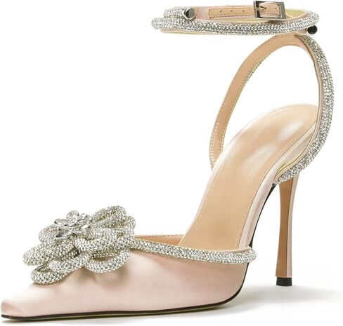 صنادل BlingQueen النسائية ذات الكعب العالي من الساتان وحجر الراين وحزام الكاحل ومزينة بالكريستال وكعب مدبب بدون ظهر فستان الزفاف والصنادل ذات الكعب العالي in Kuwait
