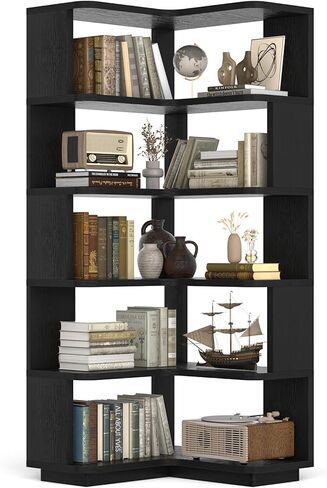 Corner Book Shelf, 6-Shelf Corner Bookshelf for Small Corner Spaces, L-Shape Bookcase Corner Display Shelf for Home Office, Living Room, Bedroom, White in Saudi Arabia
