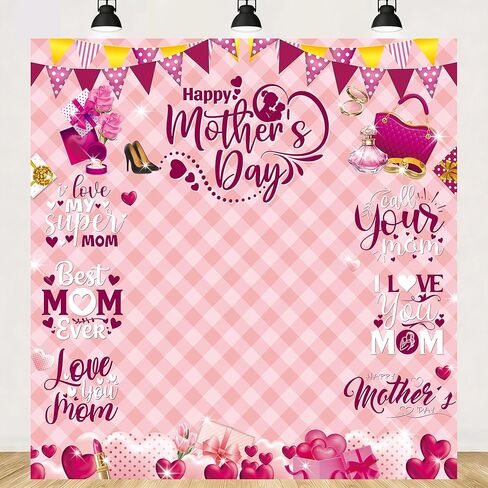 Happy Mother's Day Backdrop Pink Mothers Day Photography Background for Women Thanks Mother Mom's Birthday Party Decorations Banner Photo Booth Props (70X70 inch (6x6FT)) in Saudi Arabia