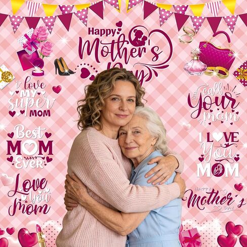 Happy Mother's Day Backdrop Pink Mothers Day Photography Background for Women Thanks Mother Mom's Birthday Party Decorations Banner Photo Booth Props (70X70 inch (6x6FT)) in Saudi Arabia