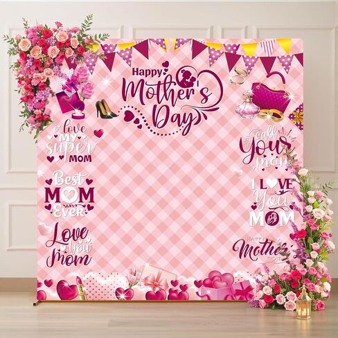 Happy Mother's Day Backdrop Pink Mothers Day Photography Background for Women Thanks Mother Mom's Birthday Party Decorations Banner Photo Booth Props (70X70 inch (6x6FT)) in Saudi Arabia