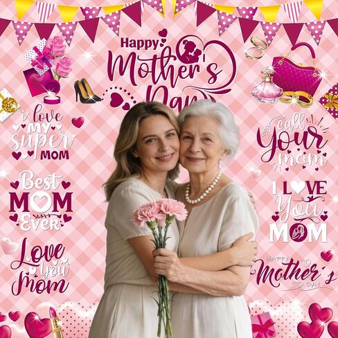 Happy Mother's Day Backdrop Pink Mothers Day Photography Background for Women Thanks Mother Mom's Birthday Party Decorations Banner Photo Booth Props (70X70 inch (6x6FT)) in Saudi Arabia