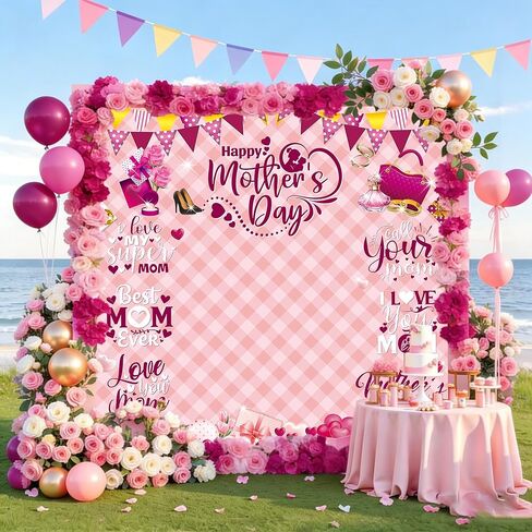 Happy Mother's Day Backdrop Pink Mothers Day Photography Background for Women Thanks Mother Mom's Birthday Party Decorations Banner Photo Booth Props (70X70 inch (6x6FT)) in Saudi Arabia