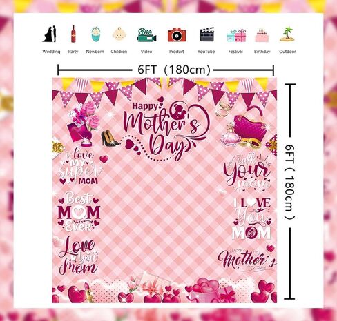 Happy Mother's Day Backdrop Pink Mothers Day Photography Background for Women Thanks Mother Mom's Birthday Party Decorations Banner Photo Booth Props (70X70 inch (6x6FT)) in Saudi Arabia