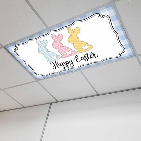 Happy Easter Magnetic Fluorescent Light Covers for Ceiling Lights 2x4 Ft, Cute Lovely Colorful Rabbits Silhouette Blue Plaid Classroom Kitchen Drop Ceiling Light Covers Filters Shade Panel 2 Packs in Saudi Arabia