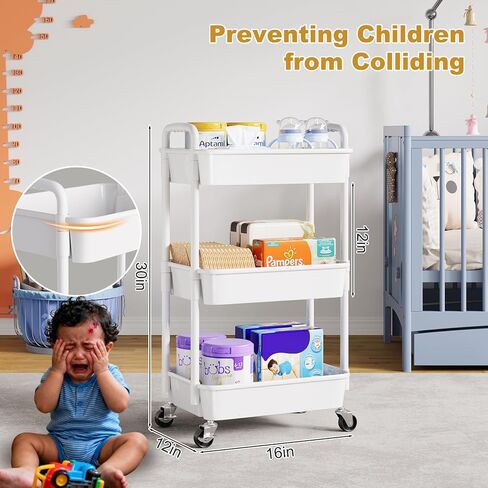 3 Tier Rolling Cart with Wheels, Black Plastic Three Tiered Shelf Organizer Carts on Lockable Wheels, Small Utility Storage Trolley for Diaper Caddy, Snack, Art, Cleaning Supplies, Kitchen, Bathroom in Saudi Arabia