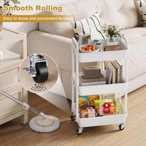 3 Tier Rolling Cart with Wheels, Black Plastic Three Tiered Shelf Organizer Carts on Lockable Wheels, Small Utility Storage Trolley for Diaper Caddy, Snack, Art, Cleaning Supplies, Kitchen, Bathroom in Saudi Arabia