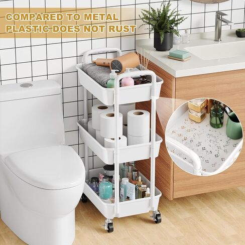 3 Tier Rolling Cart with Wheels, Black Plastic Three Tiered Shelf Organizer Carts on Lockable Wheels, Small Utility Storage Trolley for Diaper Caddy, Snack, Art, Cleaning Supplies, Kitchen, Bathroom in Saudi Arabia