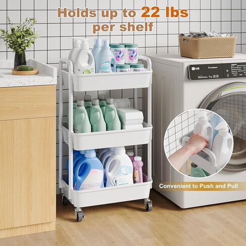 3 Tier Rolling Cart with Wheels, Black Plastic Three Tiered Shelf Organizer Carts on Lockable Wheels, Small Utility Storage Trolley for Diaper Caddy, Snack, Art, Cleaning Supplies, Kitchen, Bathroom in Saudi Arabia