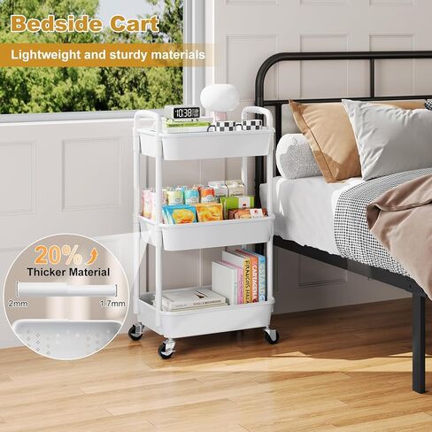 3 Tier Rolling Cart with Wheels, Black Plastic Three Tiered Shelf Organizer Carts on Lockable Wheels, Small Utility Storage Trolley for Diaper Caddy, Snack, Art, Cleaning Supplies, Kitchen, Bathroom in Saudi Arabia