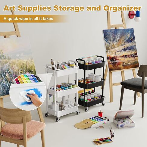 3 Tier Rolling Cart with Wheels, Black Plastic Three Tiered Shelf Organizer Carts on Lockable Wheels, Small Utility Storage Trolley for Diaper Caddy, Snack, Art, Cleaning Supplies, Kitchen, Bathroom in Saudi Arabia