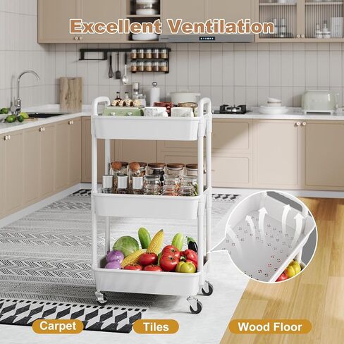 3 Tier Rolling Cart with Wheels, Black Plastic Three Tiered Shelf Organizer Carts on Lockable Wheels, Small Utility Storage Trolley for Diaper Caddy, Snack, Art, Cleaning Supplies, Kitchen, Bathroom in Saudi Arabia