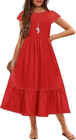 Arshiner Girls Summer Maxi Dresses Short Sleeve Casual Flowy Tiered Dress with Pockets for 4-14 Years in Kuwait