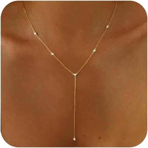 LuckFairy Lariat Necklace for Women，Dainty Gold Long Necklaces 14k Gold Plated CZ Lips Bead Y-Shaped Drop Chain Necklace Simple Gold Layered Necklaces for Women Trendy Gold Jewelry Gifts for Women in Kuwait