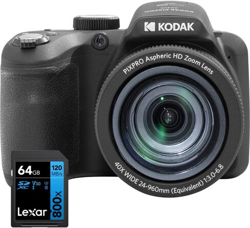 كاميرا Kodak AZ405BK PIXPRO Astro Zoom 20MP رقمية 40X زووم بصري 24 مم حزمة سوداء مع بطاقة ذاكرة Lexar 64GB عالية الأداء 800x UHS-I SDHC سلسلة زرقاء in Kuwait