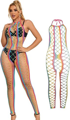 Women Rainbow Fishnet Bodystocking Plus Size Fishnet Lingerie Crotchless Bodystocking XS-5XL Beach Cover up Rave Outfits in Saudi Arabia