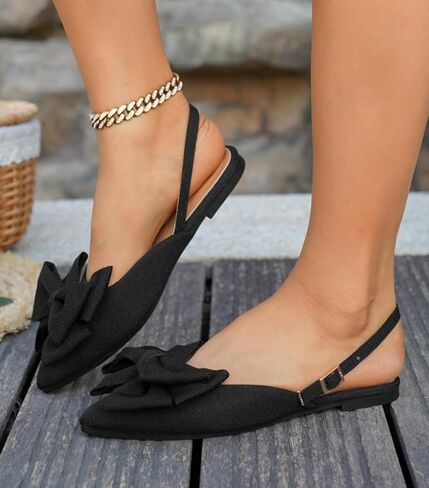 Women's Slingback Closed Pointed Toe Flats, Bowknot Decor Slip on Ankle Strap Flat Sandals in Saudi Arabia