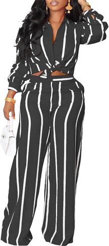 Elainone Womens 2 Piece Casual Tracksuit Outfits Stripe Long Sleeve Shirt Loose Long Pants Printed Sweatsuit in Kuwait
