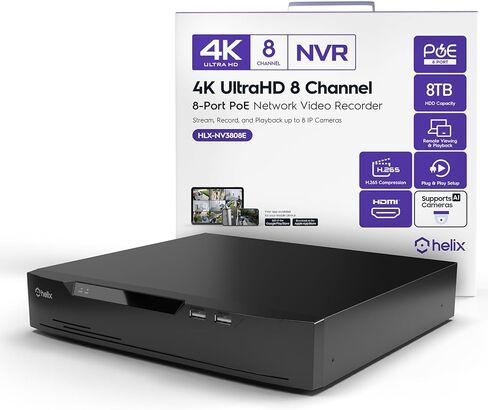 Helix 4K 8CH AI NVR (8-Port PoE)، Smart NVR، الكشف عن الإنسان والكشف عن المركبات - يدعم 8 × 4K كاميرات IP، يدعم 1 × 8 تيرابايت HDD (غير متضمن) HLX-NV3808E in Kuwait