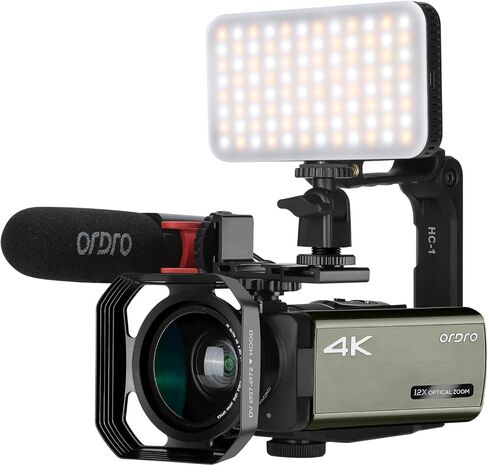 كاميرا فيديو ORDRO 4K Camcorder AX65 12X زووم بصري HD 1080P 60FPS كاميرا رقمية للبث المباشر مع ميكروفون وإضاءة فيديو وعدسة زاوية واسعة وحامل كاميرا وحقيبة تخزين in Kuwait