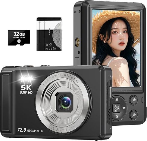 كاميرا رقمية بدقة 5K بدقة 72 ميجابكسل للتصوير الفوتوغرافي - كاميرا تسجيل فيديو UHD مع تكبير 16X، كاميرا صغيرة مدمجة للمراهقين والأولاد والبنات، تتضمن بطاقة SD سعة 32 جيجابايت in Kuwait