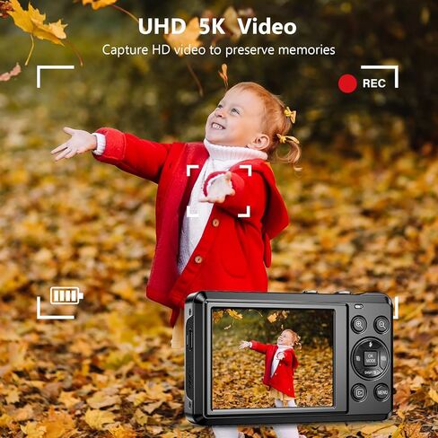 كاميرا رقمية بدقة 5K بدقة 72 ميجابكسل للتصوير الفوتوغرافي - كاميرا تسجيل فيديو UHD مع تكبير 16X، كاميرا صغيرة مدمجة للمراهقين والأولاد والبنات، تتضمن بطاقة SD سعة 32 جيجابايت in Kuwait