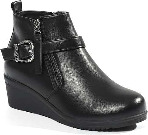 Women's Faux Leather Wedge Ankle Boots Fashion Round Toe Booties with Side Zipper Decorative Buckle Comfortable All-Day Footwear for Daily Casual Wear in Saudi Arabia