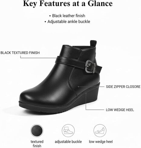 Women's Faux Leather Wedge Ankle Boots Fashion Round Toe Booties with Side Zipper Decorative Buckle Comfortable All-Day Footwear for Daily Casual Wear in Saudi Arabia