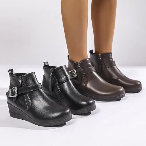 Women's Faux Leather Wedge Ankle Boots Fashion Round Toe Booties with Side Zipper Decorative Buckle Comfortable All-Day Footwear for Daily Casual Wear in Saudi Arabia