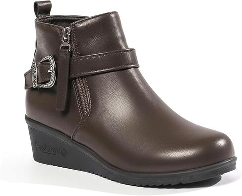 Women's Faux Leather Wedge Ankle Boots Fashion Round Toe Booties with Side Zipper Decorative Buckle Comfortable All-Day Footwear for Daily Casual Wear in Saudi Arabia