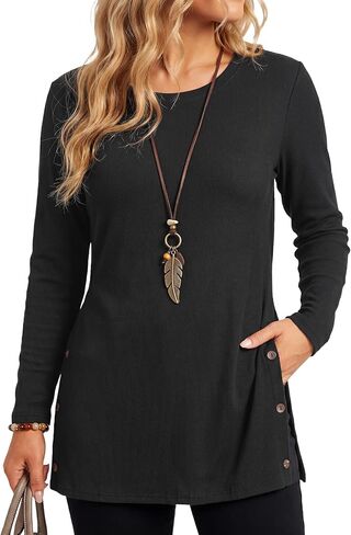 LYANER Women's Button Split Slit Sides Scoop Neck Long Sleeve Blouse Tunic Top in Kuwait