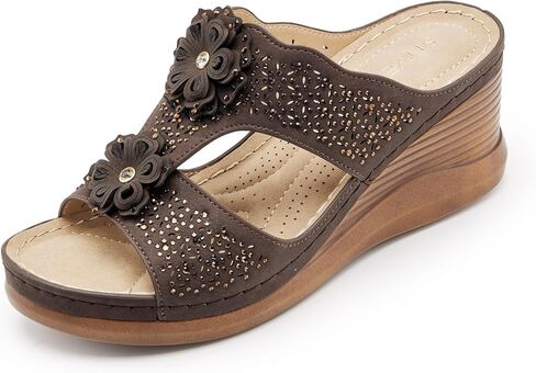 Women's Bohemian Floral Wedge Sandals with Rhinestones – Lightweight 2.8" Platform Dressy Slip On Slides Comfortable Chunky Summer Shoes in Saudi Arabia