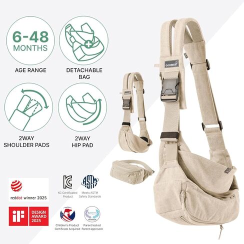 GOOSEKET 365 Toddler Carrier Plus – Lightweight Baby Carrier, Adjustable Shoulder Strap, Compact Travel Carrier with Detachable Waist Bag (6 Months-4 Years Old / 11–44lbs) (Beige) in Saudi Arabia