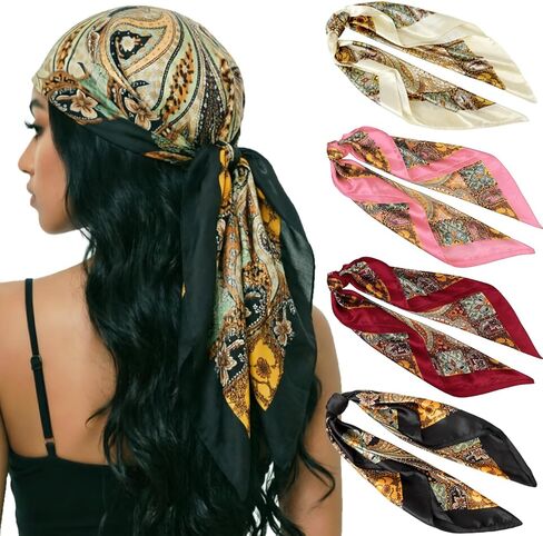 DRESHOW 35" Large Square Satin Head Scarf - 4Pcs Silk Accessories Classic Patterned Squares Beach Bandanas for Women in Kuwait