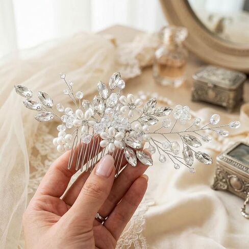 مشط شعر زفاف من Unicra Bride مصنوع من الكريستال ومشط جانبي فضي من اللؤلؤ للنساء والفتيات (فضي) in Kuwait