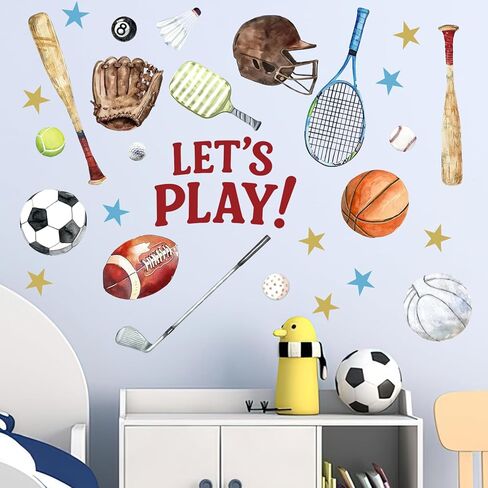 ملصقات جدارية لرياضة الكرة من Mfault Let's Play، كرة القدم وكرة السلة والبيسبول والكرة الطائرة وديكورات غرف نوم الأولاد وفن الجولف والتنس وكرة البلياردو وديكور غرفة اللعب وهدايا لمحبي الرياضة in Kuwait