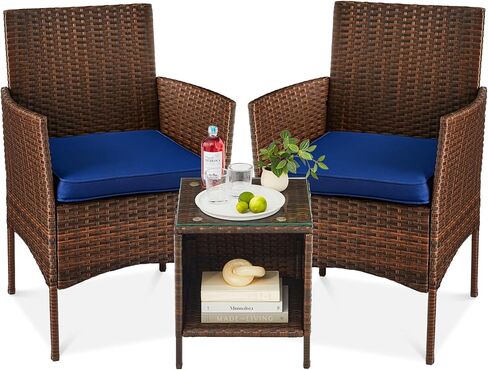 Best Choice Products 3-Piece Outdoor Wicker Conversation Bistro Set, Space Saving Patio Furniture for Yard, Garden w/ 2 Chairs, 2 Cushions, Side Storage Table - Gray/Navy in Saudi Arabia