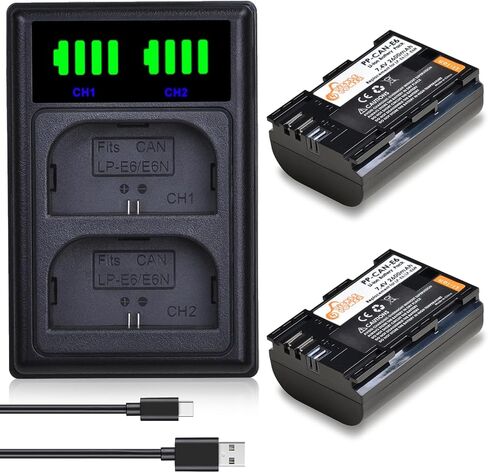 بطارية Pickle Power LP-E6 LP-E6N وشاحن USB مزدوج LED متوافق مع 5D Mark II/III/IV، 5Ds، 5DS R، 6D، 6D Mark II، 7D، 7D Mark II، R، 60D، 70D، 80D، 90D، C700، XC10، XC15 (ليس لـ R6، R6 ii) in Kuwait