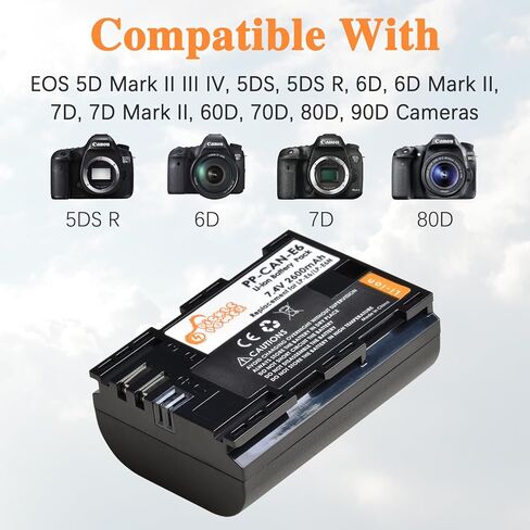 بطارية Pickle Power LP-E6 LP-E6N وشاحن USB مزدوج LED متوافق مع 5D Mark II/III/IV، 5Ds، 5DS R، 6D، 6D Mark II، 7D، 7D Mark II، R، 60D، 70D، 80D، 90D، C700، XC10، XC15 (ليس لـ R6، R6 ii) in Kuwait