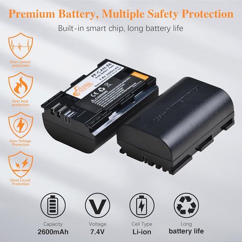 بطارية Pickle Power LP-E6 LP-E6N وشاحن USB مزدوج LED متوافق مع 5D Mark II/III/IV، 5Ds، 5DS R، 6D، 6D Mark II، 7D، 7D Mark II، R، 60D، 70D، 80D، 90D، C700، XC10، XC15 (ليس لـ R6، R6 ii) in Kuwait