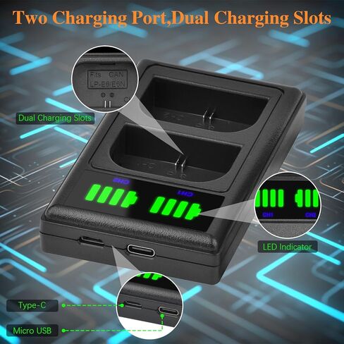 بطارية Pickle Power LP-E6 LP-E6N وشاحن USB مزدوج LED متوافق مع 5D Mark II/III/IV، 5Ds، 5DS R، 6D، 6D Mark II، 7D، 7D Mark II، R، 60D، 70D، 80D، 90D، C700، XC10، XC15 (ليس لـ R6، R6 ii) in Kuwait
