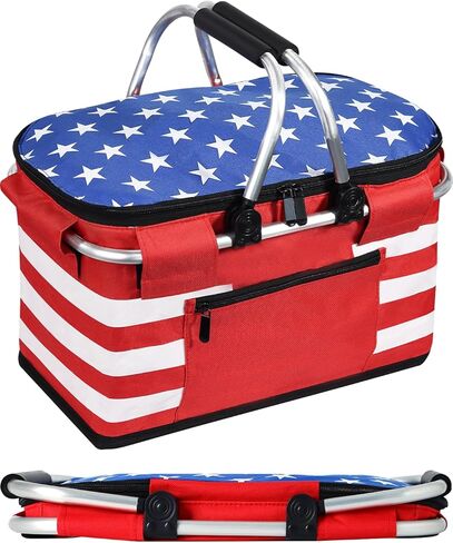 Insulated Picnic Basket,Collapsible Cooler Bag,32L Grocery Basket with Lid,2 Sturdy Handles,Storage Basket for Picnic,Food Delivery,Take Outs,Market Shopping,Travel (Black Grid) in Saudi Arabia