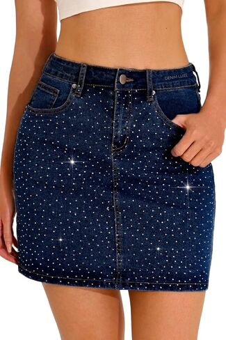 GUANYY Jean Skirts for Women Denim Sparkle Rhinestone Diamond High Waisted Stretch Mini Skirt in Saudi Arabia