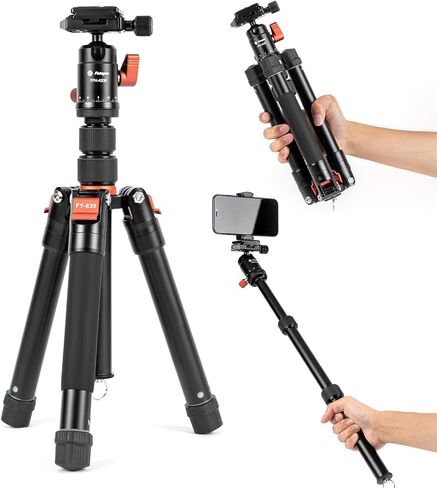 حامل ثلاثي صغير من Fotopro مقاس 58 بوصة، حامل ثلاثي صغير الحجم خفيف الوزن للسفر مع رأس كروي 360 درجة، عصا سيلفي قابلة للفصل، هاتف الكاميرا بحد أقصى يصل إلى 8.8 رطل FY-830 (أسود + برتقالي) in Kuwait