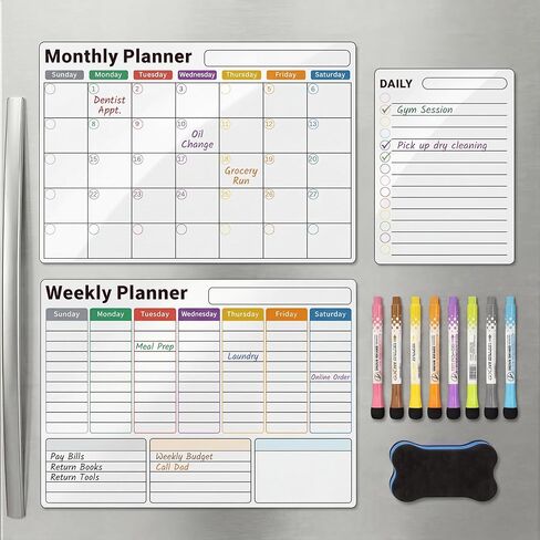 Magnetic Calendar for Refrigerator (3-Pack, Ships Flat) - 17"x12" Monthly, Weekly & Daily Planner with Lined Grids - Nano-Tech Dry Erase Board Fridge Whiteboard, 8 Markers & Eraser in Saudi Arabia