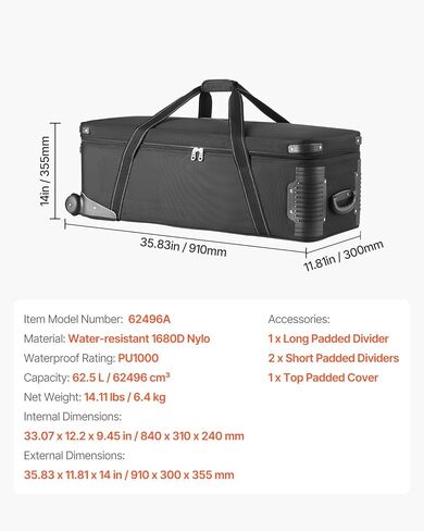 حقيبة عربة معدات استوديو Happybuy، 35.83 × 11.81 × 14 بوصة / 91 × 30 × 35.5 سم، حقيبة كاميرا دوارة in Kuwait