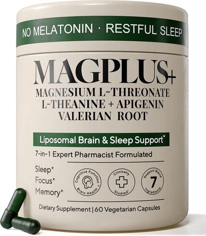 Magplus+ Magnesium L -Threonate ، Apigenin & theanine - كبسولات مكملات المغنيسيوم الشحمية عالية الامتصاص - تدعم النوم العميق الطبيعي والهدوء والوظيفة المعرفية in Kuwait