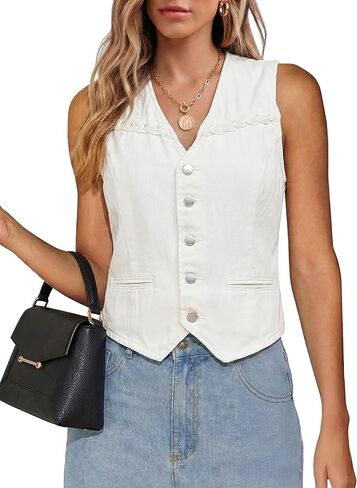 luvamia Denim Vest Women Trendy Button Down Braided Adjustable Waist Western Casual Sleeveless Jean Waistcoat Vests Top in Saudi Arabia